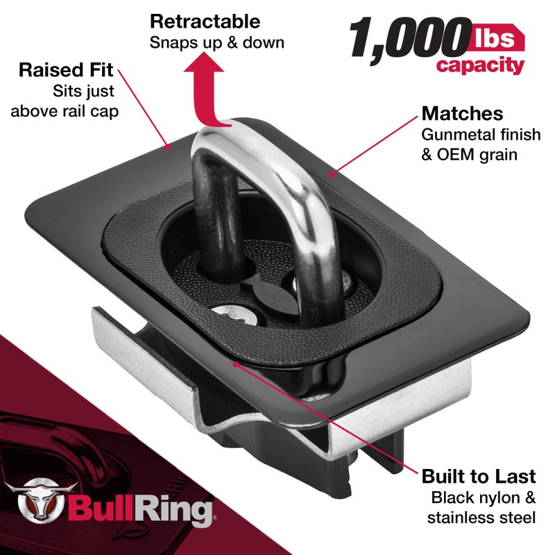Bull Ring Retractable Flush Fit Truck Bed Tie Down Anchors, Built for 1995+ Dodge Ram & 2014-2019 Tundra Crew Max, Rail Cap Trim Required to Install, 1,000lbs. Rated Capacity (1 Pair) - Image 3